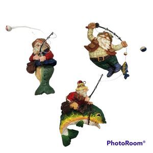 Santa Fishing Themed Christmas Ornaments Set of 3 Whimsical Fisherman Vintage